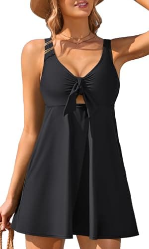 Charmo One Piece Swimsuit Women V Neck Bathing Suits Cutout Tie Knot Swimdress with Pockets Tummy Control Swimwear Black S - Image 1