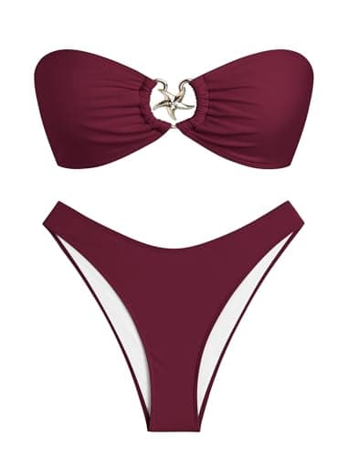 ZAFUL Women's Swimsuits Metallic Sparkly Glitter Shiny Starfish Metal Hardware High Cut Cheeky Bandeau Bikini Set Swimwear (Plum Pie XS) - Image 1