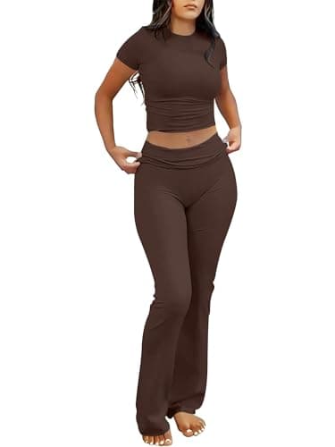 ANRABESS Lounge Sets for Women 2 Piece Foldover Yoga Flare Leggings Pants Crop Tops Casual Y2K Outfits Matching Tracksuit Set Brown X-Large - Image 1
