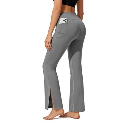 AMLEER Women's V Waist Side Split Wide Leg Yoga Leggings - High Waisted Crossover Stretchy Workout Flare Yoga Pants（Gray, Small - Thumbnail 3
