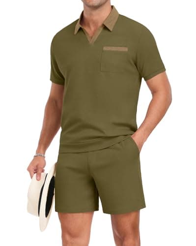PrinStory Men's Summer Track Suits Waffle Knit Polo Shirt and Shorts Set Casual 2 Pieces Outfits with Pockets Olive Green-S - Image 1