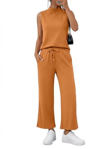 Casly Lamiit Womens Summer Outfits Matching Set Mock Neck Tank Top Crop Pants Tracksuit 2025 Trendy Lounge Clothes Dressy Work Travel Sweatsuit Orange XS - Image 1