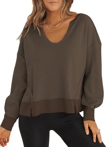 Dokotoo Cropped Sweaters for Women 2026 Spring Tops Long Sleeve Waffle Knit Tops Trendy Cute Crop Sweatshirt Tops Pullover Soft Oversized Sweater Ladies Basic Shirt Brown Sweaters for Women XL