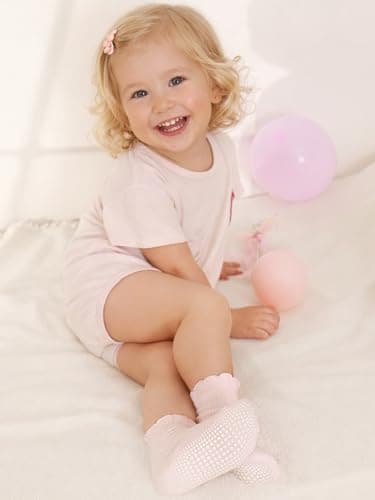 ALLOVIN 6 Pairs Non-Slip Ruffle Lace Socks for Baby & Toddler Girls – Soft Cotton Grip Socks | Pure White | 1-3 Years - Thumbnail 2