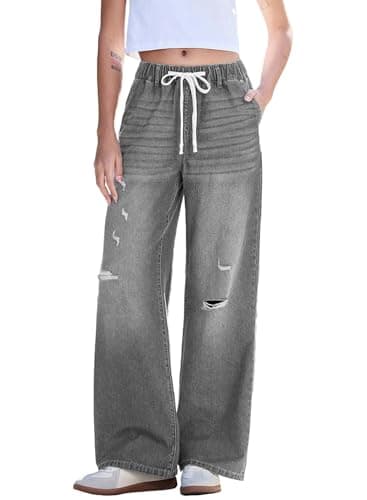 Dokotoo Wide Leg Ripped Jeans Pants for Women Loose Fit Stretch Mid Rise Cargo Boyfriend Drawstring Baggy Denim Pants Casual Trendy with Pockets Medium Grey 2026 - Image 1