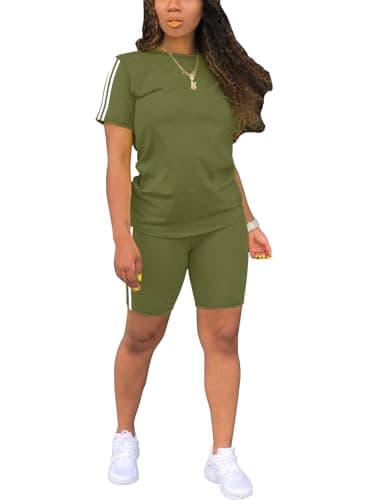 STOLKISS Women 2 piece Short Sets Classic Striped Outfits Summer Casual Short Sleeve T-Shirt and Short Jogger Tracksuits Sets Green M - Image 1