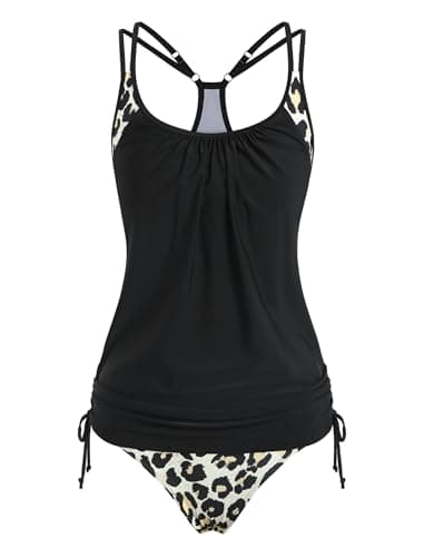 ZAFUL Two Piece Tankini Swimsuit for Women High Waisted Tummy Control Bathing Suit Double Up Tankini Set 1-Leopad b XL - Thumbnail 2