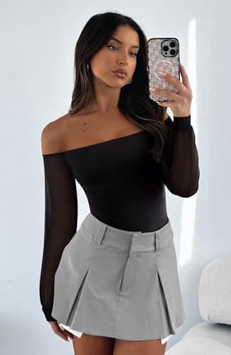 REORIA Womens Going Out Off The Shoulder Sheer Mesh Puff Long Sleeve Thong Bodysuit Tops Black Medium - Thumbnail 6