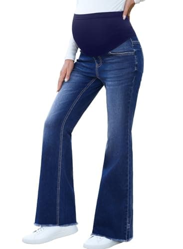 BLENCOT Womens Maternity Jeans Over Belly Pregnancy Pants Stretch Pregnant Denim Flare Leg Comfort Fit with Pockets for Expecting Moms P705 Blue S - Image 1