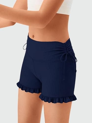 AMAWMW Girls Athletic High Waisted Ruffle Shorts Yoga Dance Cheer Shorts Girls Gymnastics Workout Shorts Dark Blue 11-12Y - Thumbnail 3