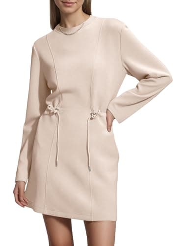 COCOMARTS Womens Long Sleeve Crewneck Sweatshirt Dress Drawstring Waistband Casual Tunic Tops Mini Dresses 2025 Fall Clothes Apricot Small - Image 1