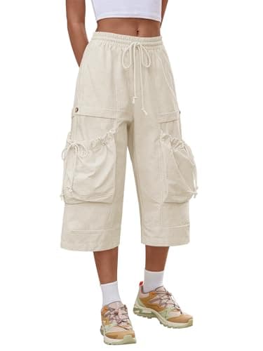 Aoysky Womens Wide Leg Cargo Pants Baggy Elastic Waist Drawstring Loose Cotton Workout Outdoor Capri Pants with Multi Pockets