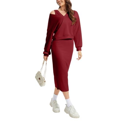 Anyshe Women's 2 Piece Matching Knit Sweater Set, Long Sleeve V-Neck Top with Maxi Skirt, Effortless Style for Vacation - Thumbnail 2