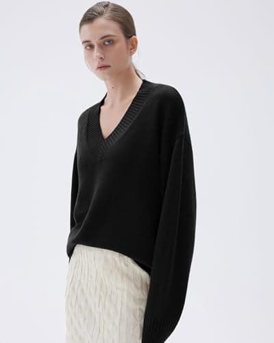 SUUKSESS Women Cashmere Oversized Sweaters V Neck Pullover Tops Fall Winter Long Sleeve Jumpers (Jet Black,L) - Thumbnail 2