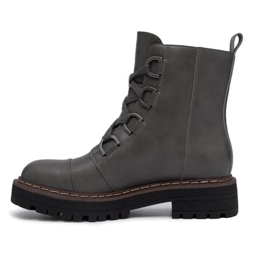 Athlefit Women's Combat Ankle Boots Platform Chunky Low Heel Boots Fashion Lug Sole Lace Up Grey Booties Size 8 - Thumbnail 3