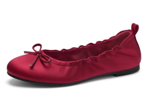 Coutgo Women's Ballet Flats, Bow Round Toe Slip On Dress Shoes Comfortable Flats for Work Casual, Burgundy Satin, Size 6 - Image 1