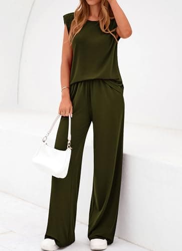 BTFBM 2 Piece Sets for Women Spring 2026 Casual Shoulder Pad Tank Top Wide Leg Pants Matching Set Travel Airport Outfits(Army Green, Small) - Thumbnail 6