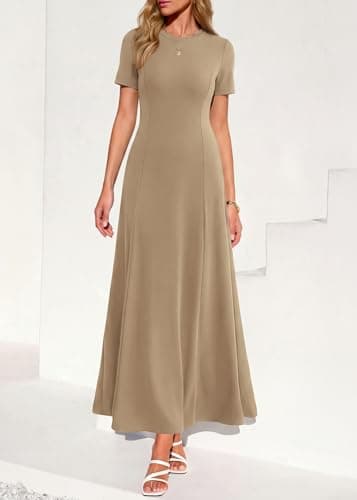 KIRUNDO Wedding Guest Dresses for Women 2026 Spring Summer Short Sleeve Pleated Long Flowy A Line Formal Maxi Dress Pockets(Khaki, Large) - Thumbnail 2