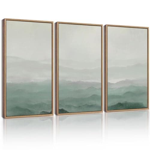 KUVIOKE Green Watercolor Mountains in Fog Framed Wall Art Wilderness Nature Landscape Artwork Painting Boho Rustic Scenic Relax Cool Home Decor 16x24in (Natural Framed) - Image 1