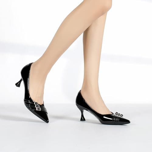 Women's Kitten Heels Leather Comfortable Closed Toe Pointed Toe Pumps Stiletto Heeled Dress Shoes for Women Classic Wedding Party Work Pump Shoes Black Size 8 - Thumbnail 2