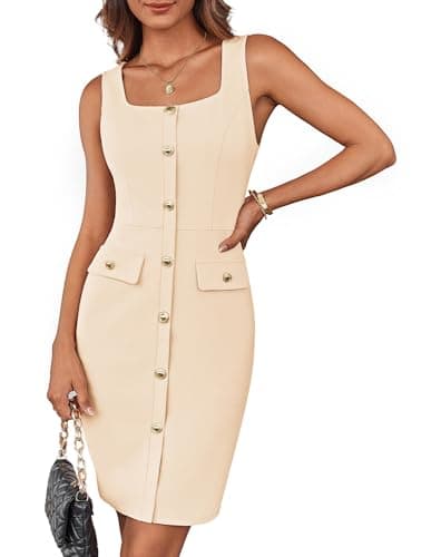 GRACE KARIN Women Business Work Dress Sleeveless Buttons Belted Square Neck Bodycon Midi Dress Apricot XXL - Image 1