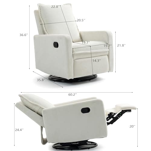 Fachmaih 360° Swivel Rocking Chair Nursery Glider Recliner Nursery Chair Manual Swivel Rocker Recliner with High Backrest Armchair Comfy Side Modern Chair for Living Room (White) - Thumbnail 3