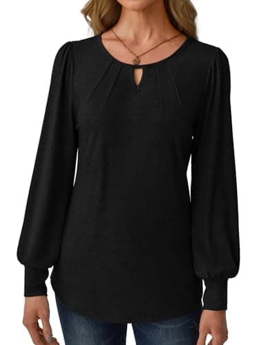 GKBK Women's Long Sleeve Tops Dressy Business Casual Blouses Basic Loose Fit V Neck Work Office Shirt Pleated Keyhole Puff Comfy 2025 Fall Winter Trendy Clothes Going Out Outfits Black Large - Thumbnail 5