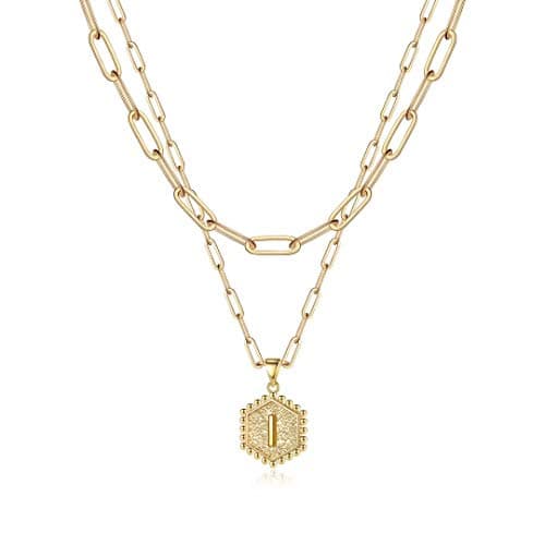 M MOOHAM Dainty Layering Initial Necklaces for Women - Cute Hexagon Letter Initial I Necklace Choker Necklace 14K-Gold-Plated Layered Necklaces for Women - Image 1