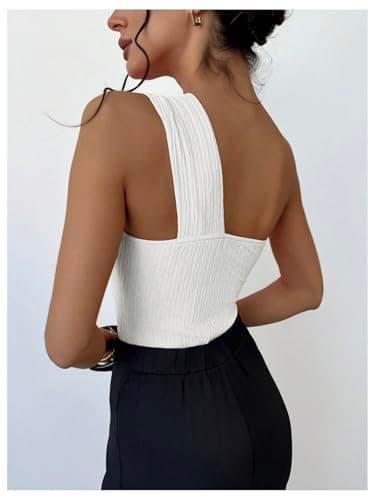 GORGLITTER Women's Twist Front One Shoulder Bodysuit Sleeveless Backless Asymmetrical Neck Tank Top Jumpsuits White Medium - Thumbnail 2