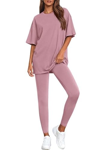 BTFBM Two Piece Lounge Set Women 2026 Spring Casual Oversized Shirts Leggings Matching Workout Airport Travel Outfits(Pink, Large) - Image 1