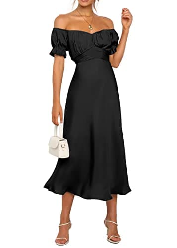 KIRUNDO Women's 2026 Spring Summer Satin Wedding Guest Midi Dress Off The Shoulder Wrap Party Cocktail Formal Prom Dresses(Black, Medium) - Image 1