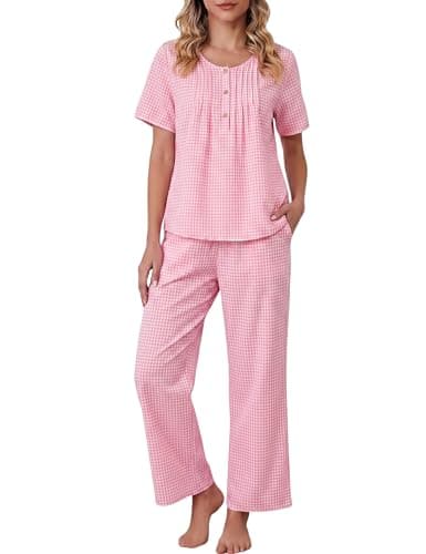 Tanming Womens 2 Set Gingham Pajama Set Half Sleeve Shirt Wide Leg Pants Y2K Cotton Matching Lounge Set Beach Outfits(Pink-L) - Image 1