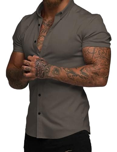 JMIERR Men's Muscle Fit Dress Shirts Summer Casual Button Down Short Sleeve High Stretch Wrinkle-Free Shirt Brown - Image 1