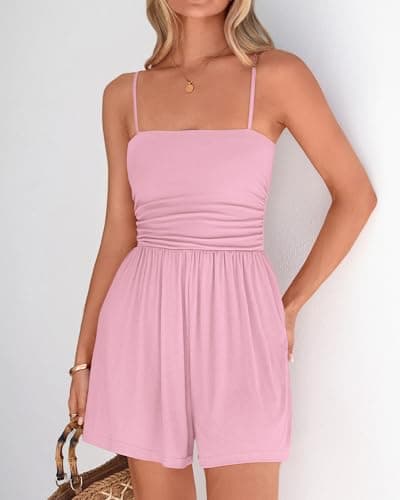 BTFBM Summer Rompers For Women 2026 Casual One Piece Spaghetti Strap Sleeveless Shorts Jumpsuit Beach Vacation Outfits(Pink, Medium) - Thumbnail 5