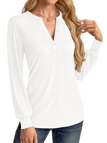 GKBK Women's Puff Long Sleeve Tunic V Neck Button Blouses Fall Tops Trendy Dressy Casual Business Henley Shirts White M - Thumbnail 3