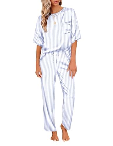 Ekouaer Womens Satin Silky Pajama Set Short Sleeve Shirt with Long Pajama Pant Set Soft PJ Loungewear Blue Stripes - Image 1
