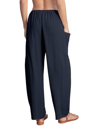 DLOODA Flowy Wide Leg Pants for Women, Drawstring Palazzo Harem Pants Casual Beach Vacation Trousers with Pockets Navy - Thumbnail 4