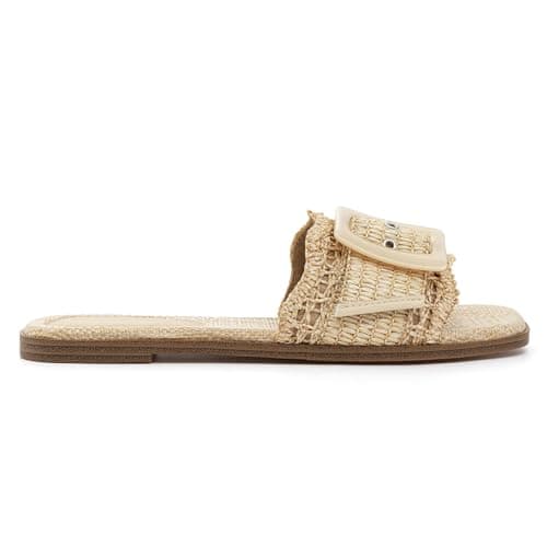 Rihero Raffia Flat Sandals for Women Dressy Slip On Beach Slides Square Toe Buckle Summer Fashion Woven Sandals Natural Size 5.5 - Thumbnail 3
