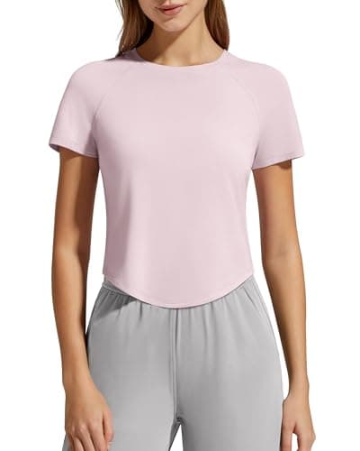 G4Free Athletic Tops for Women Breathable Relaxed Fit Crewneck Short Sleeve Waist Length T-Shirts Casual Lounge Tees(Light Pink,M) - Image 1