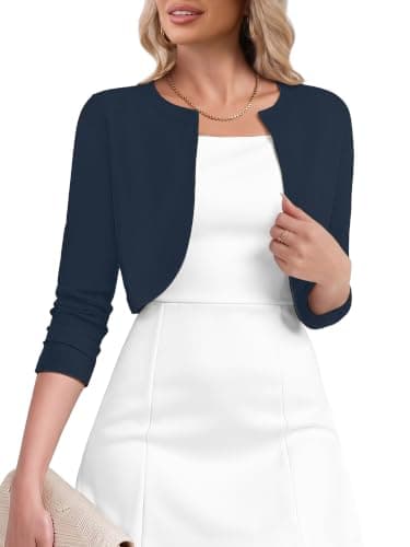 Heymoments Women's Thin Shrugs for Dresses Navy Blue Small Open Front 3/4 Sleeve Knit Lightweight Crop Cardigan Dressy Cropped Tops Coat Sweater Clothes - Image 1