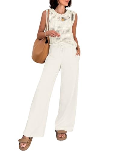 ANRABESS Women 2 Piece Summer Outfits 2026 Crochet Sweater Vest Wide Leg Pants Lounge Matching Sets Travel Vacation Clothes Creamy White Medium