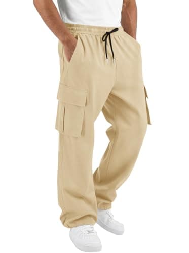 Runcati Mens Cargo Pants Hiking Athletic Joggers Sweatpants Elastic Waist Drawstring Casual Trousers with Multi Pockets - Image 1