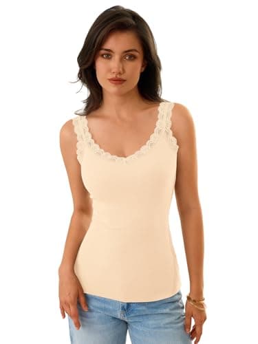 GKBK Tank Tops for Women Ribbed Slim Fit Camisole Sleeveless Lace Tank Tops Summer Casual Basic Tops Cute V Neck Soft Lace Trim Cami Undershirt Spring Clothes 2026 Fashion Outfits Apricot - Thumbnail 2