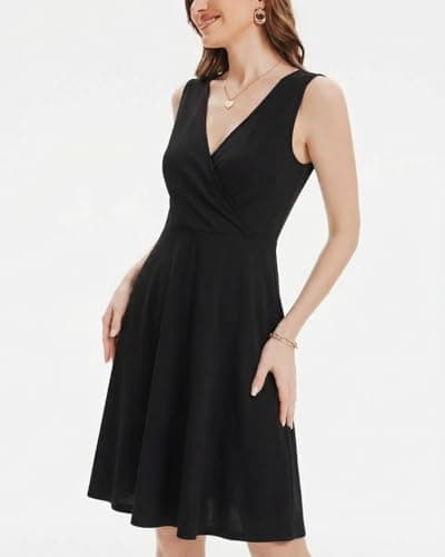 ANYFITTING Built in Bra Summer Dresses for Women 2026 Casual V Neck Flowy Sundresses Beach Vacation Midi Dress Black - Thumbnail 6