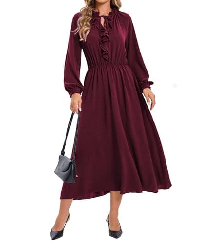 Ystguic Women's Fall Casual Long Sleeve Wedding Guest 2025 Boho Empire Elastic Waist V Neck Dress Italian Formal Italian Elegant Ruffle Flowy A Line Midi Dresses with Pockets Small 054 Wine Red S - Image 1