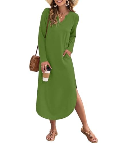 MISFAY Fall Maxi Dresses for Women 2026 Casual V Neck Long Sleeve Split Dress Loose Shirt Dress Solid Outfits with Pockets(Army Green,S)
