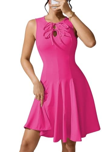 Pink Queen Bow Neck Sexy Flared Mini Dresses for Women Date Night Casual Cute A Line Empire Waist Slim Vacation Knit Short Dress Outfits Hot Pink M - Image 1
