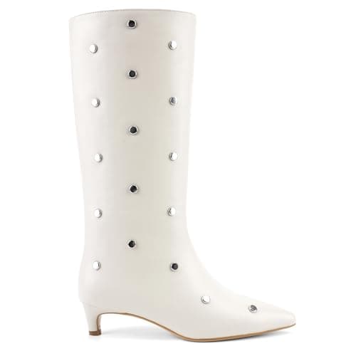 QIV White Studded Knee High Boots Women Pointed Toe Kitten Heel Mid Wide Calf Boots with Zipper Size 9 - Image 1