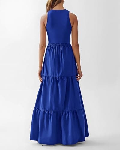 BTFBM Women Sleeveless Summer Dresses Wedding Guest Maxi Dresses Ribbed Knit Tops and Polyester Skirt with Pockets(Solid Blue,Small) - Thumbnail 3