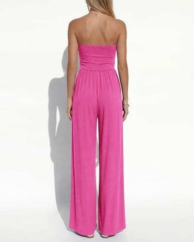 BTFBM Jumpsuits For Women Summer 2026 Beach Vacation Strapless Tube Top Jumpsuit Ruched Casual Wide Leg Pant Rompers(Rose Red, XX-Large) - Thumbnail 3